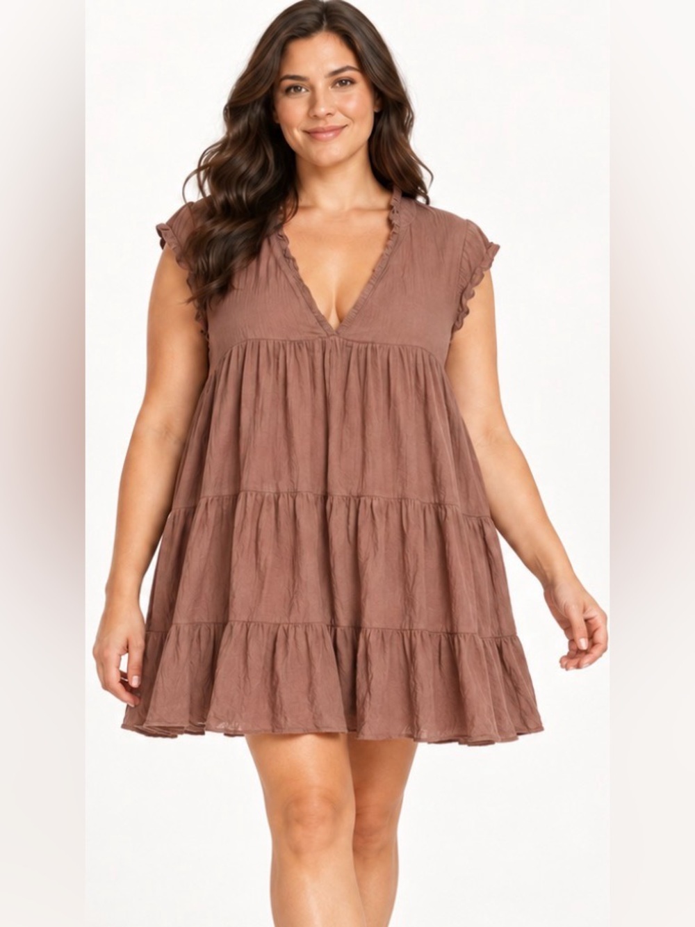 Plus-Size Tan Tiered V-Neck Mini Dress